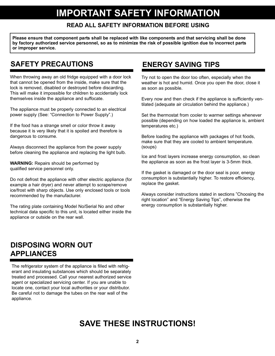 Danby DPF074B1WDB manual Safety Precautions ENERGY SAVING TIPS, DISPOSING WORN OUT Appliances 